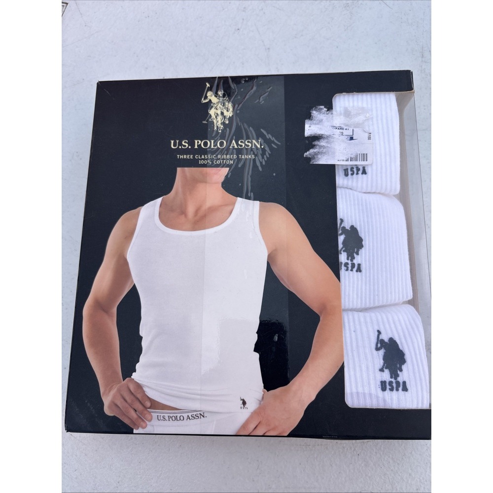 New US POLO ASSN 4 Pack Logo Ribbed White Tanks Shirts NIB Classic Fit Men's S